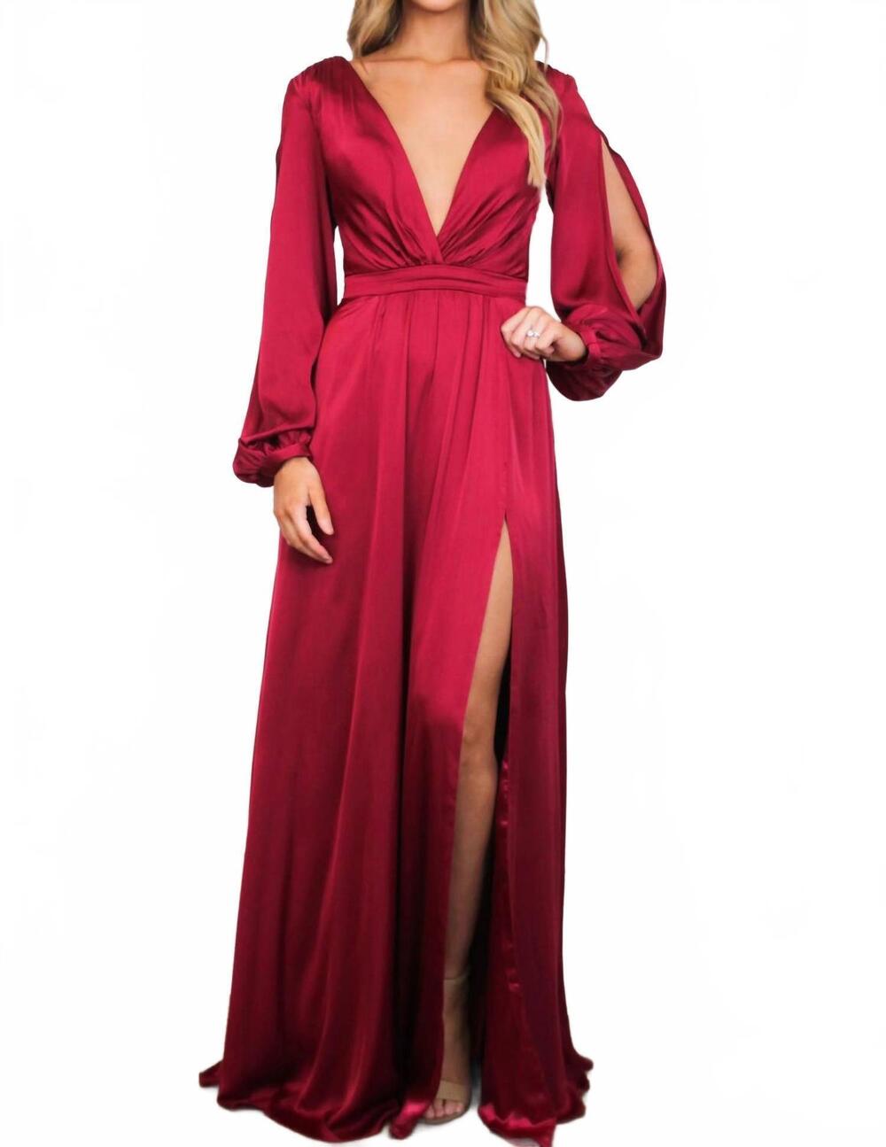 NEW CINDERELLA DIVINE scarlett long sleeve slit formal dress in burgundy